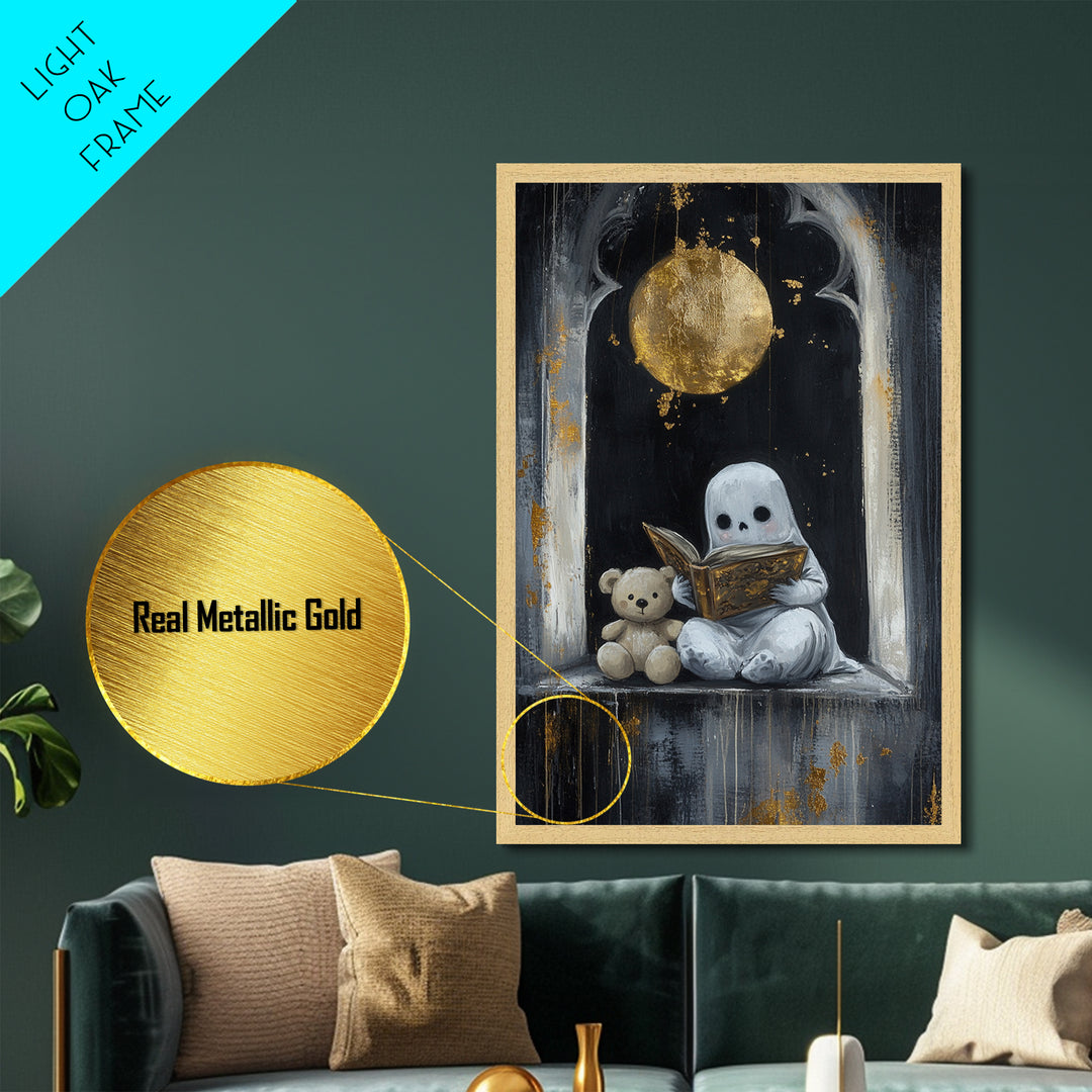 Cute Ghost Reading Book Halloween Print, Metallic Gold Art Metal Art with Wooden Frame, Spooky Nursery Haunted Wall Art