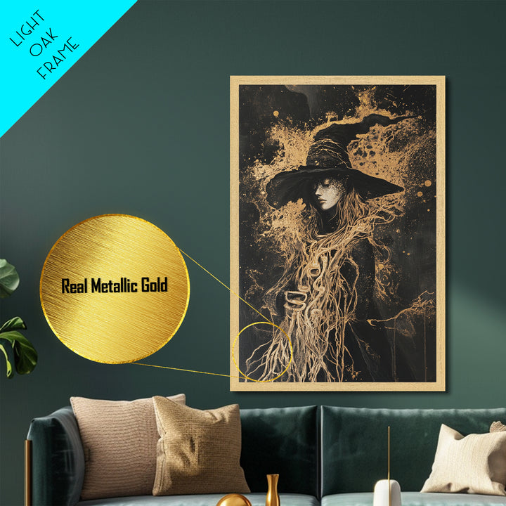 Witch with Serpent Roots Halloween Art, Metallic Gold Art Metal Art in Framed Wood, Gothic Spooky Season Haunted Decor