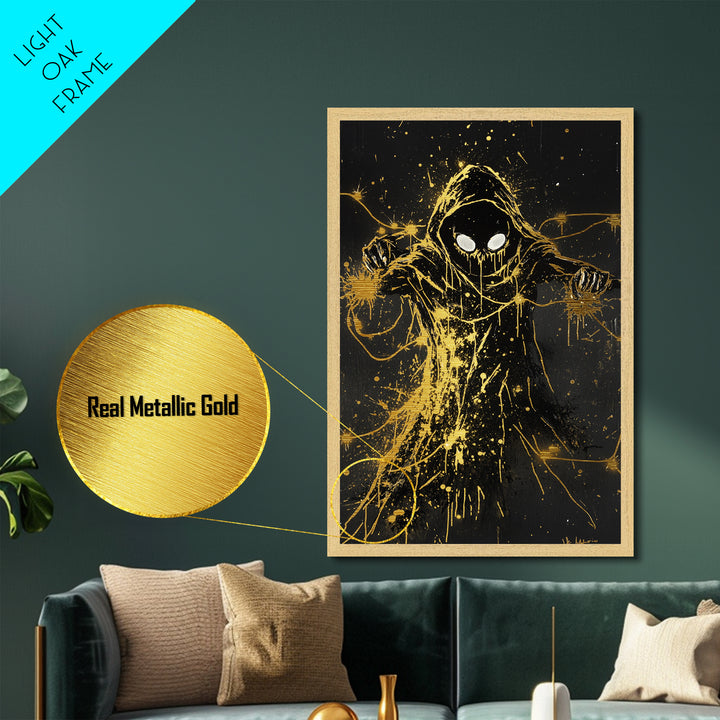 Hooded Reaper Halloween Wall Hanging, Metal Art Metallic Gold Art with Real Wood Frame, Creepy Spooky Haunted Gothic Print