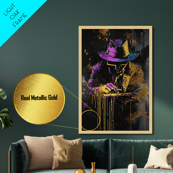 Neon Noir Detective Spooky Wall Art, Metallic Gold Art Metal Art Framed in Natural Wood, Halloween Gothic Cyberpunk Decor