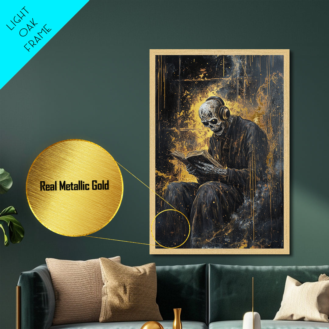 Skeleton Reading Book with Headphones Metallic Gold Art Metal Art | Gothic Spooky Halloween Wall Décor in Natural Wood Frame