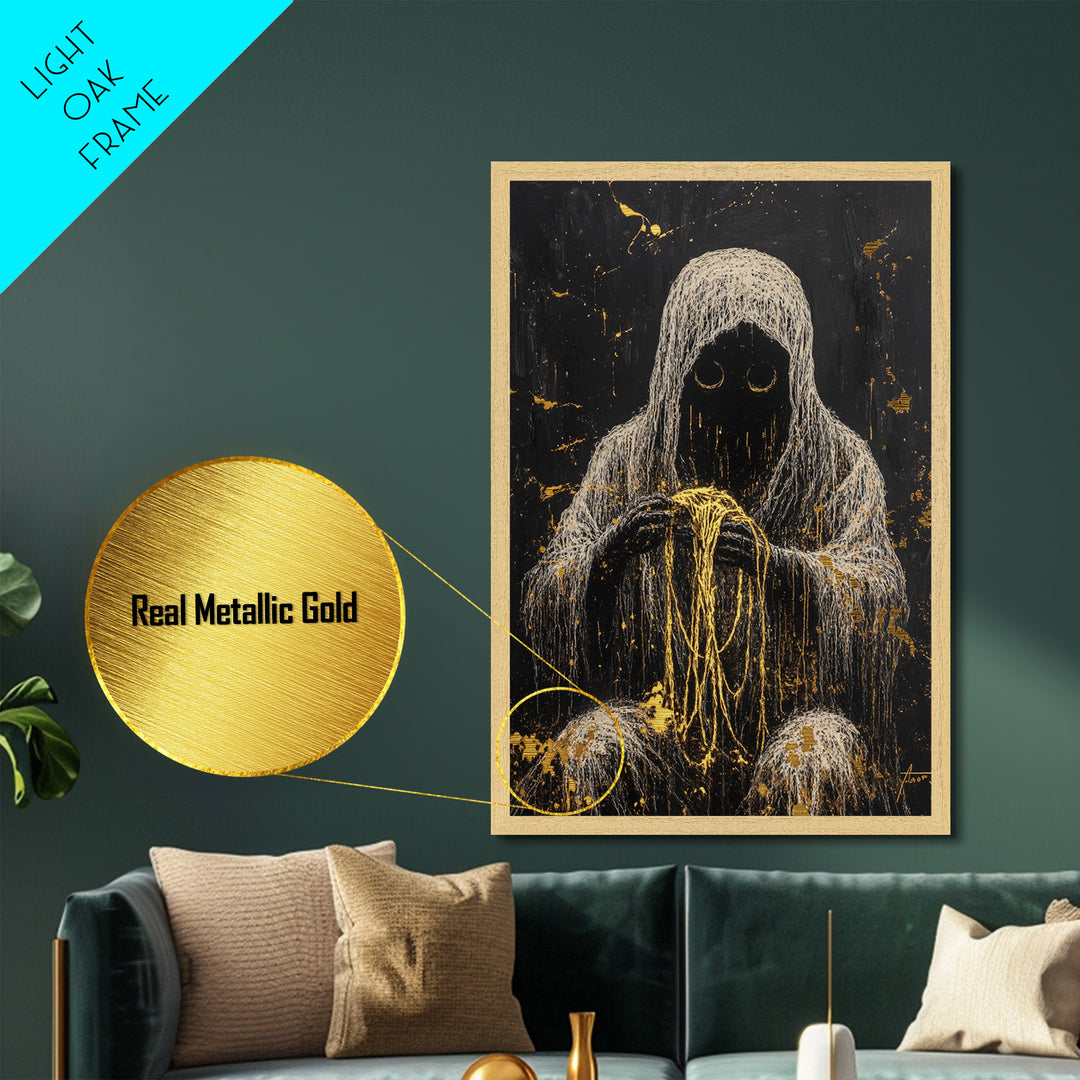 Creepy Hooded Figure with Threads Metallic Gold Art Metal Art | Haunted Gothic Halloween Wall Décor Framed in Solid Wood