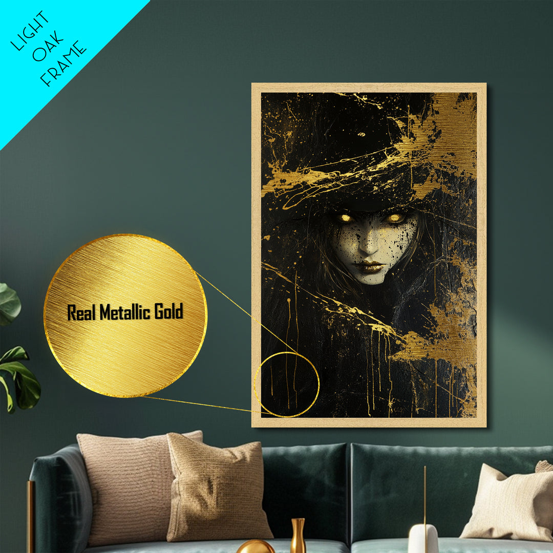 Golden Eyes Witch Metallic Gold Art Metal Art Spooky Gothic Halloween Horror Decor in authentic natural wood frame