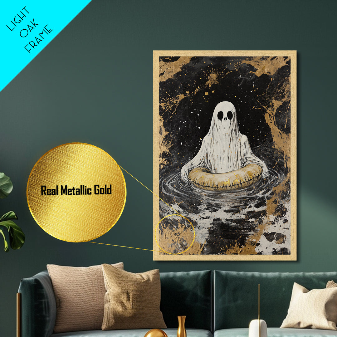 Ghost in Water with Inner Tube Metallic Gold Art Metal Art | Spooky Halloween Spirit Painting Gothic Horror Art with Wood Frame