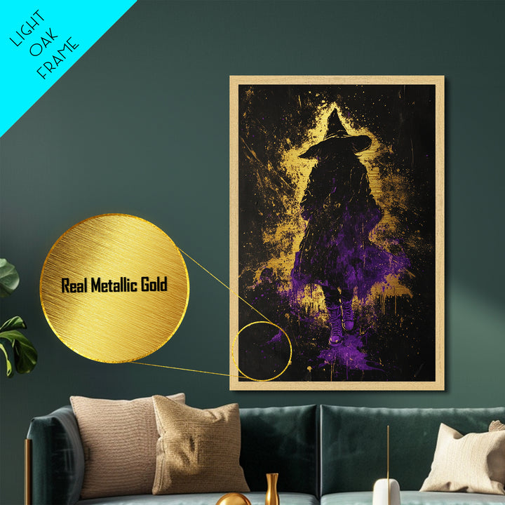 Witch Silhouette Metallic Gold Art Metal Art Spooky Season Gothic Halloween Horror Painting with rustic real wood frame