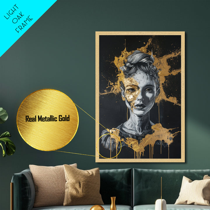 Broken Doll Portrait Metallic Gold Art Metal Art Creepy Gothic Halloween Wall Decor framed in authentic natural wood
