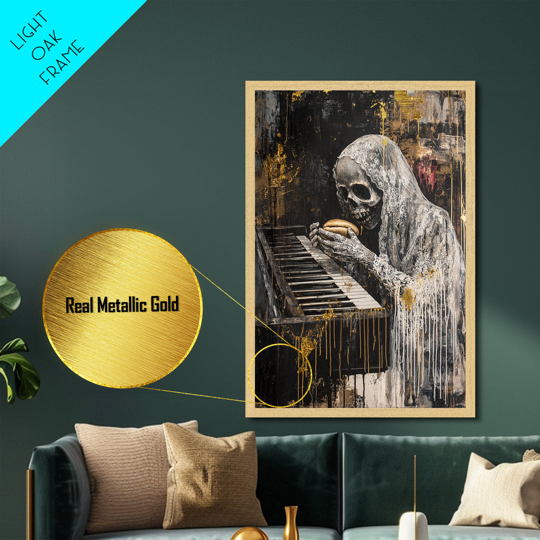 Skeleton at Piano Metallic Gold Art Metal Art Spooky Gothic Halloween Horror Wall Hanging in rustic real wood framing