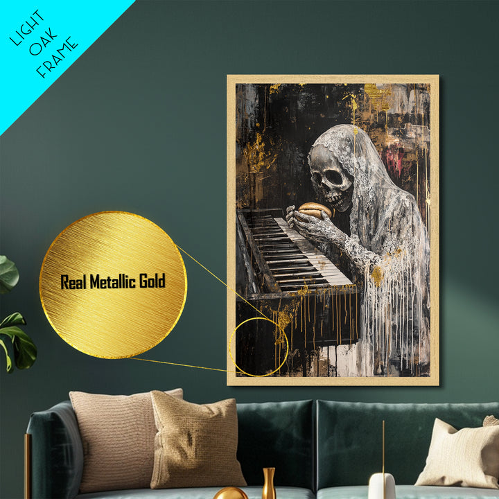 Skeleton at Piano Metallic Gold Art Metal Art Spooky Gothic Halloween Horror Wall Hanging in rustic real wood framing