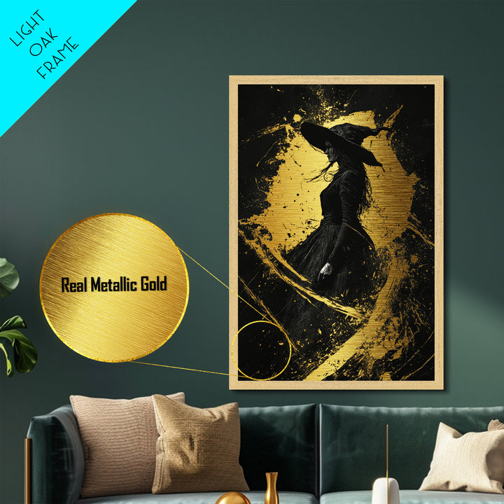 Haunted Witch Metallic Gold Art Metal Art Gothic Wall Decor With Real Wood Frame Spooky Halloween Witchy Home Accent