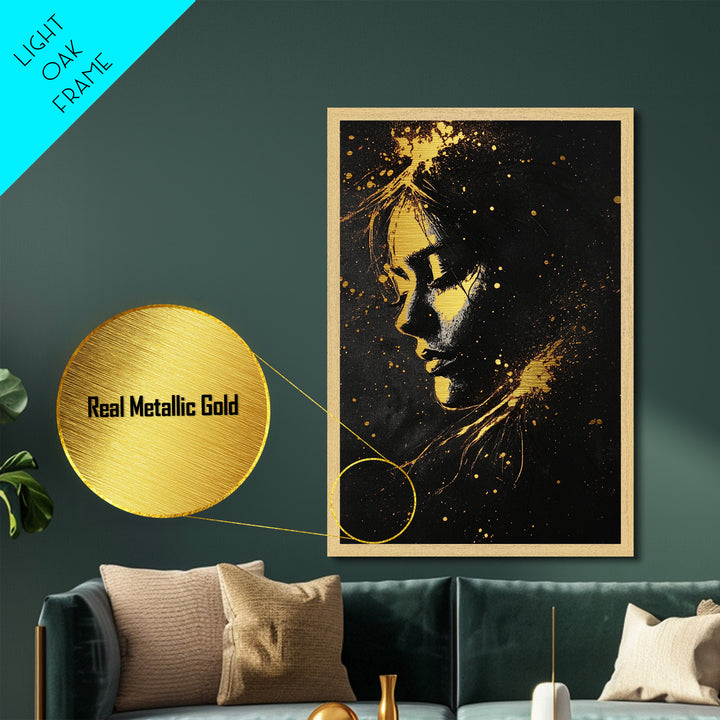 Gothic Portrait Metallic Gold Art Metal Art Spooky Woman Face In Natural Wood Frame Creepy Halloween Wall Decoration