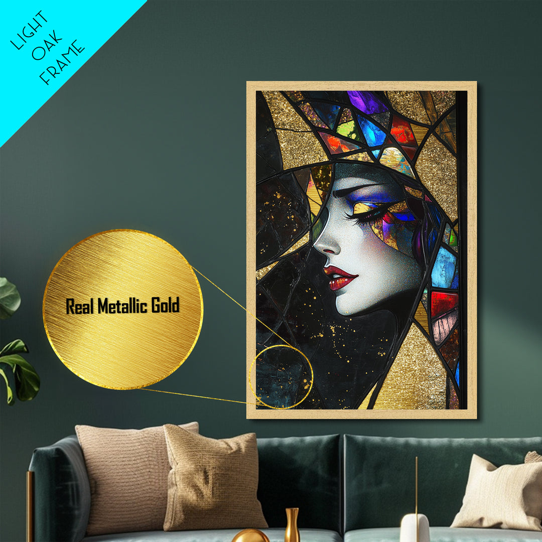 Stained Glass Witch Metallic Gold Art Metal Art Creepy Gothic Decor With Solid Wood Frame Halloween Spooky Wall Accent
