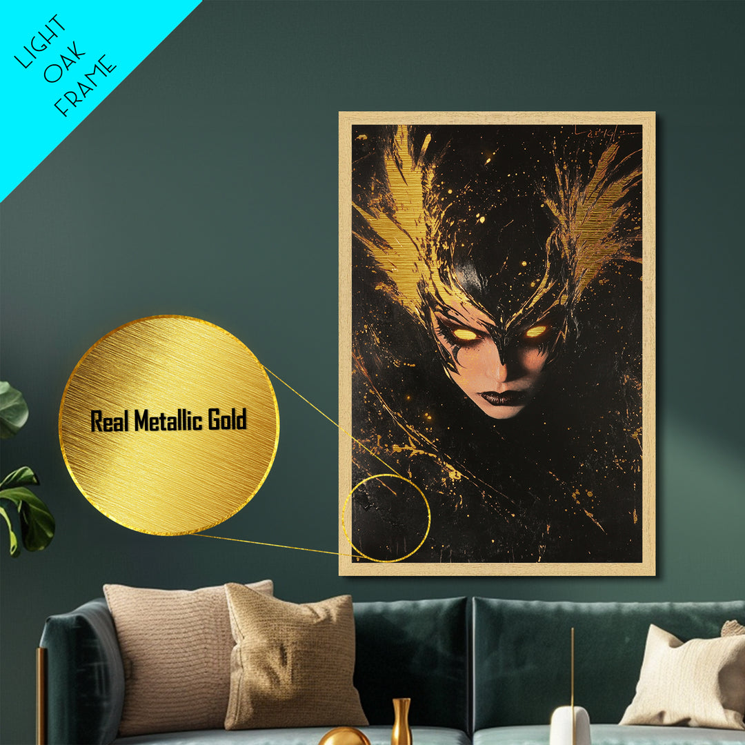 Dark Queen Metallic Gold Art Metal Art Horror Gothic Portrait With Handcrafted Wood Frame Spooky Halloween Wall Hanging