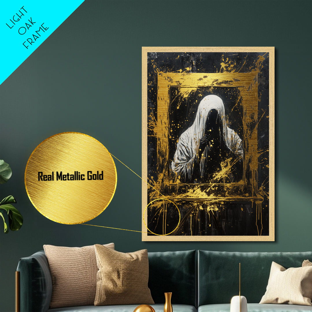 Ghostly Apparition Metallic Gold Art Metal Art Haunted Spirit Framed In Natural Wood Creepy Halloween Gothic Wall Decor
