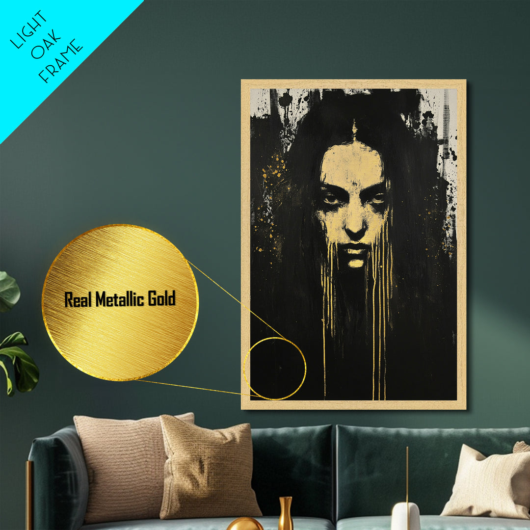Gothic Horror Metallic Gold Art Metal Art Haunted Woman Portrait With Real Wood Framed Finish Spooky Halloween Wall Art