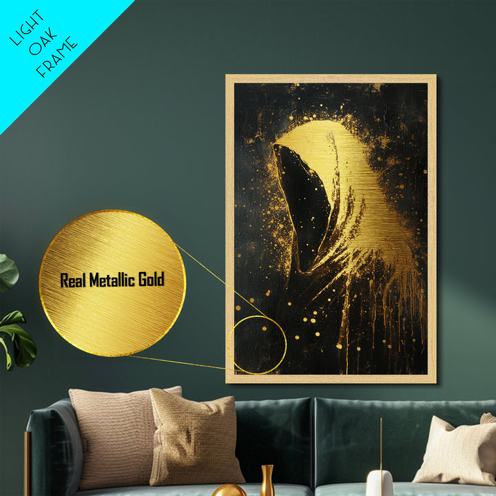 Creepy Hooded Phantom Aura | Horror Halloween Gothic Metallic Gold Art | Metal Art Wall Hanging With Real Wood Frame