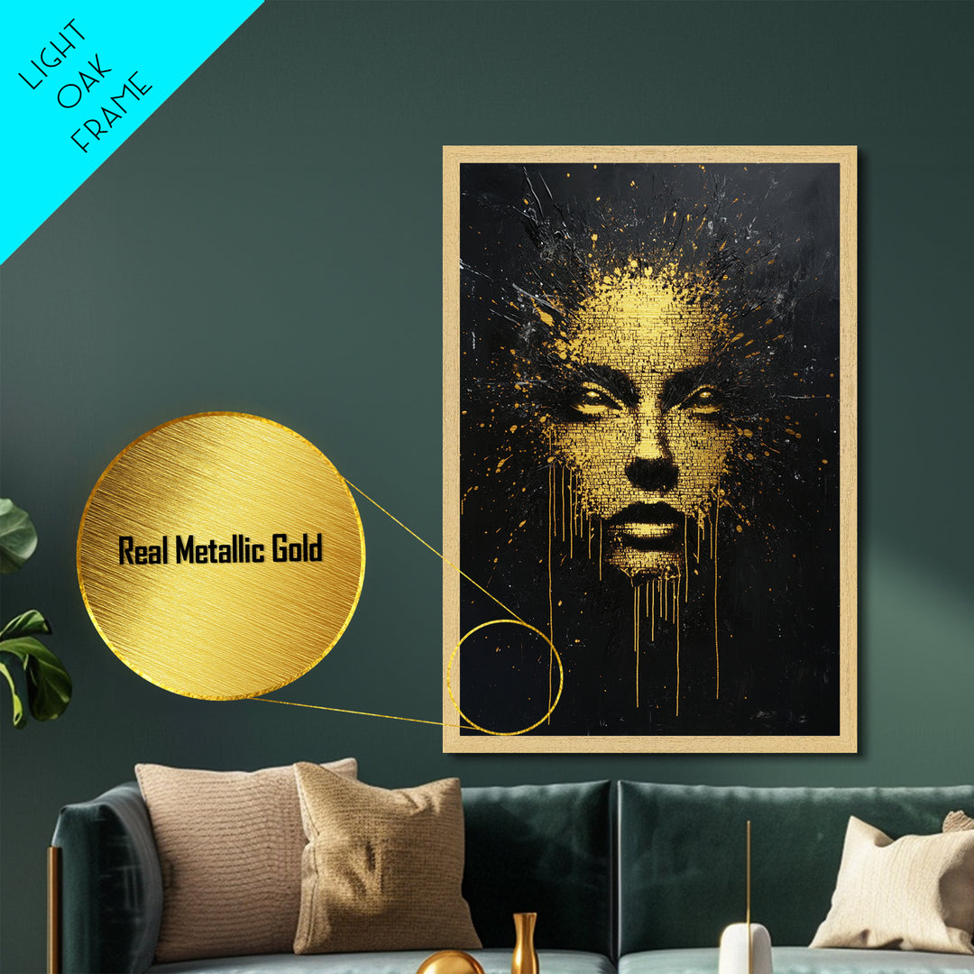 Golden Text Face Explosion | Spooky Horror Portrait Metallic Gold Art | Unique Metal Art Design Framed In Solid Wood