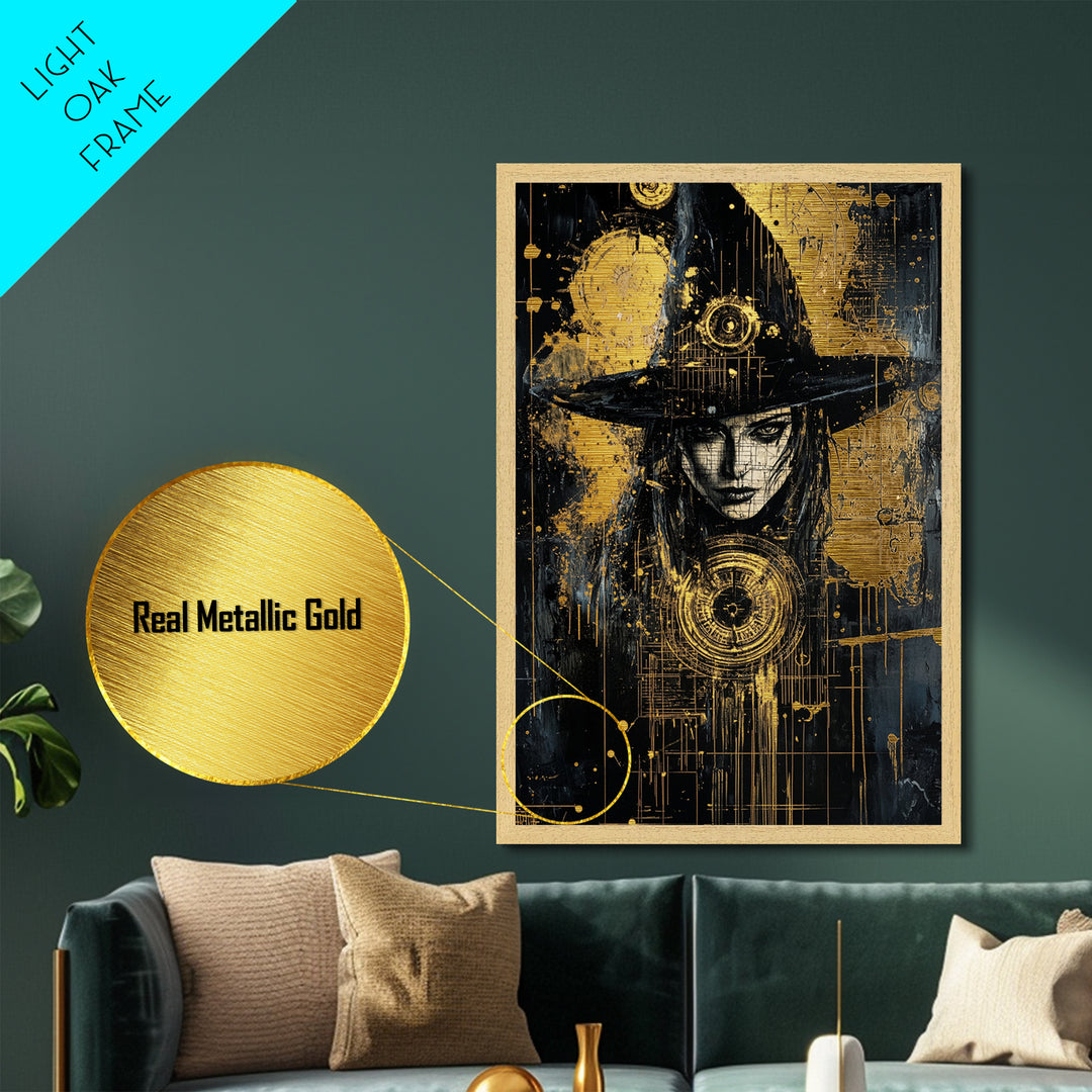 Witch In Gothic Hat With Symbols | Witchy Halloween Decor Metallic Gold Art | Intricate Metal Art Piece With Wood Frame
