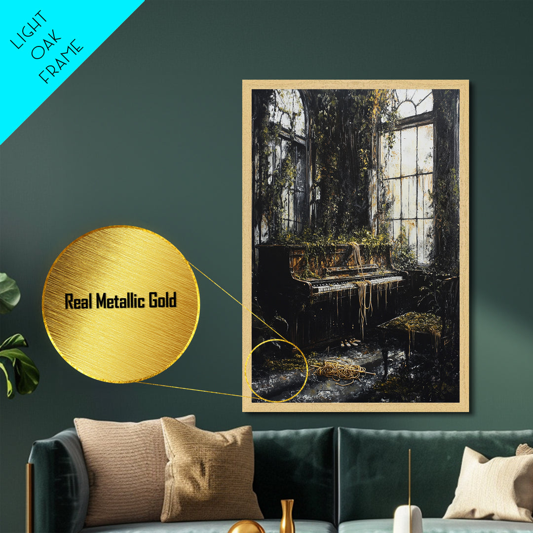 Haunted Abandoned Piano Room | Creepy Gothic Halloween Metallic Gold Art | Unique Metal Art Print With Framing In Wood