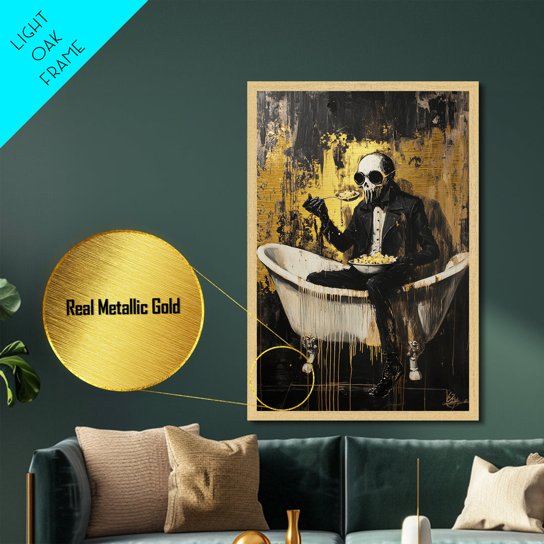 Skeleton Gentleman In Bathtub Eating | Dark Halloween Horror Metallic Gold Art | Macabre Metal Art Framed In Solid Wood