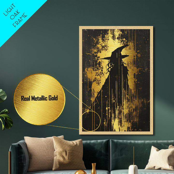 Witch Silhouette With Dripping Paint | Gothic Haunted Halloween Metallic Gold Art | Striking Metal Art Framed In Real Wood