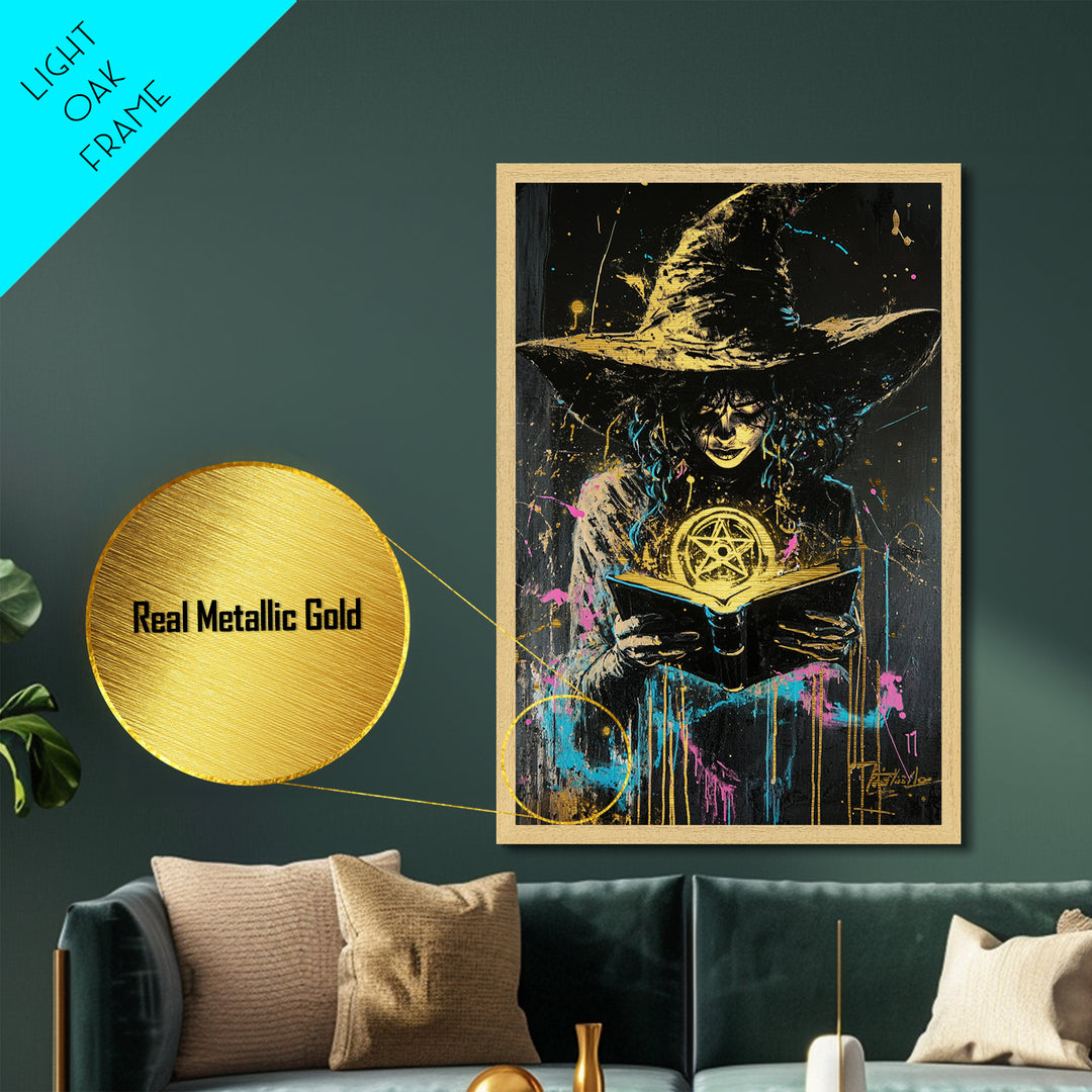 Witchy Spell Book Metallic Gold Art Metal Art | Spooky Halloween Wall Decor Framed In Real Wood For Gothic Home Style