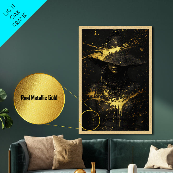 Haunted Witch Portrait Metal Art Metallic Gold Art | Creepy Halloween Wall Hanging With Natural Wood Frame