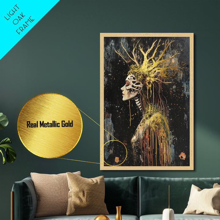 Skeleton Forest Queen Metallic Gold Art Metal Art | Gothic Halloween Decor With Real Wood Framing For Spooky Season