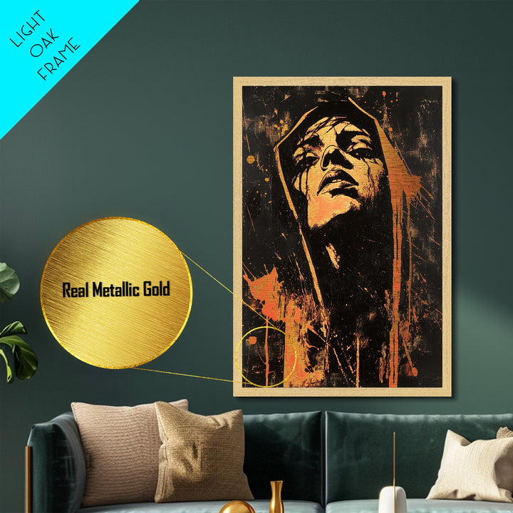 Blood Moon Hooded Woman Metal Art Metallic Gold Art | Dark Gothic Halloween Wall Decor Mounted In Real Wood Frame