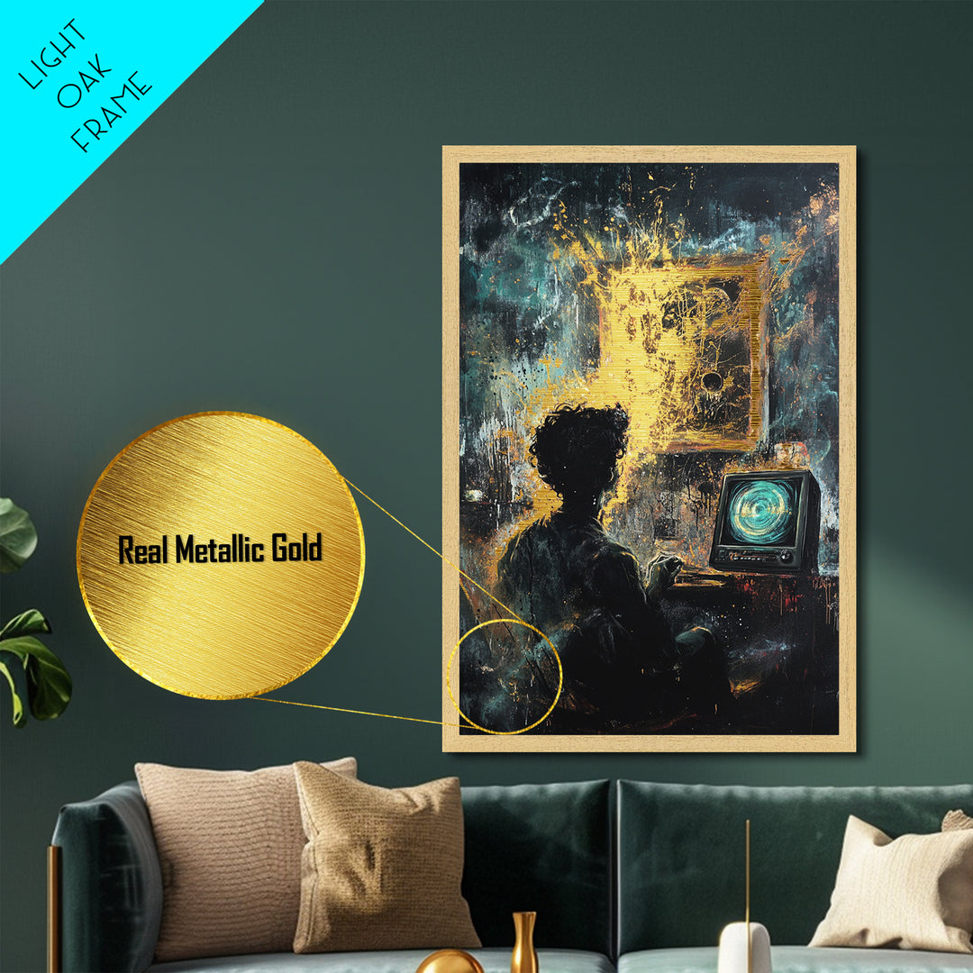 Haunted Screen Glow Metallic Gold Art Metal Art | Spooky Season Wall Hanging In Real Wood Frame For Halloween Home