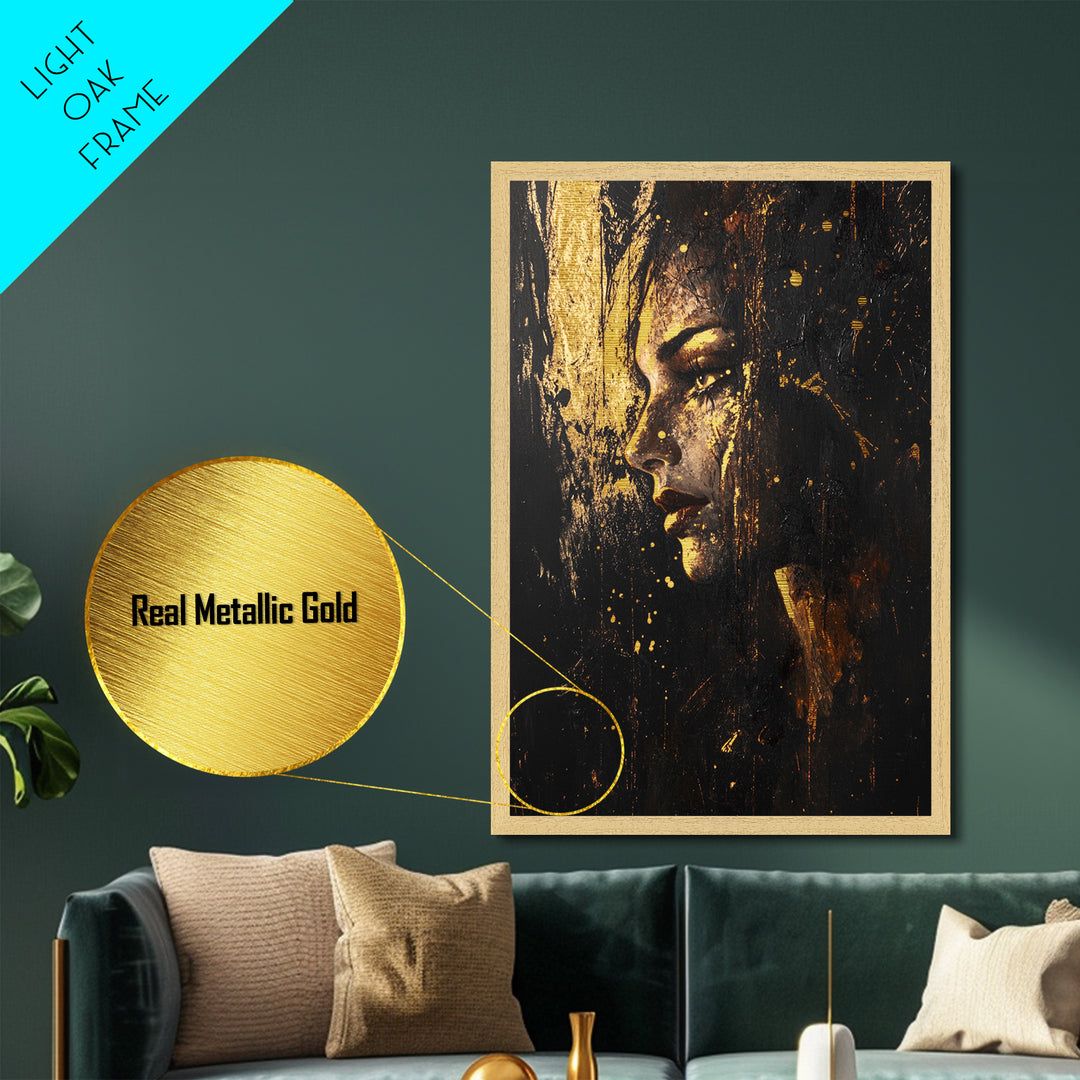 Dark Sorceress Profile Metallic Gold Art Metal Art | Spooky Gothic Halloween Wall Art In Stained Real Wood Frame