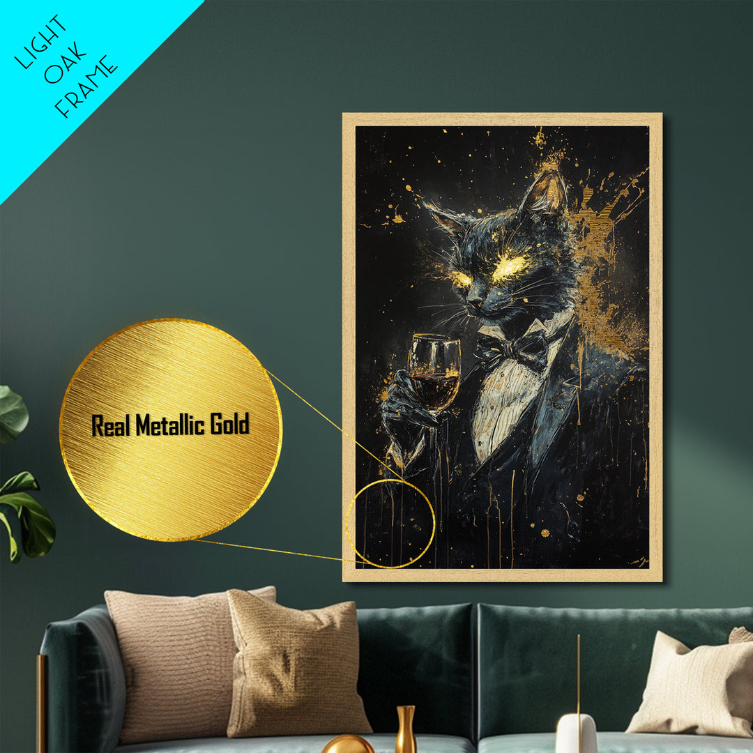Black Cat Gentleman Metallic Gold Art, Spooky Gothic Metal Art Halloween Wall Decor, Horror Painting with Wooden Frame
