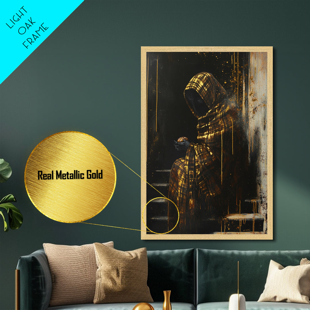 Haunted Hooded Figure Metallic Gold Art, Gothic Horror Metal Art with Pumpkin Bun, Framed in Real Wood for Spooky Halloween Decor