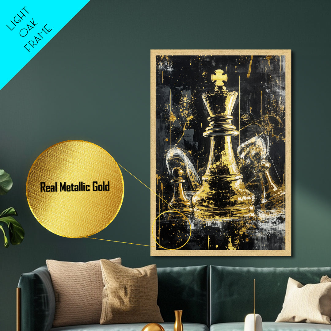 Haunted Chess King Metallic Gold Art, Gothic Horror Metal Art for Halloween Game Room, Creepy Wall Decor with Natural Wood Frame