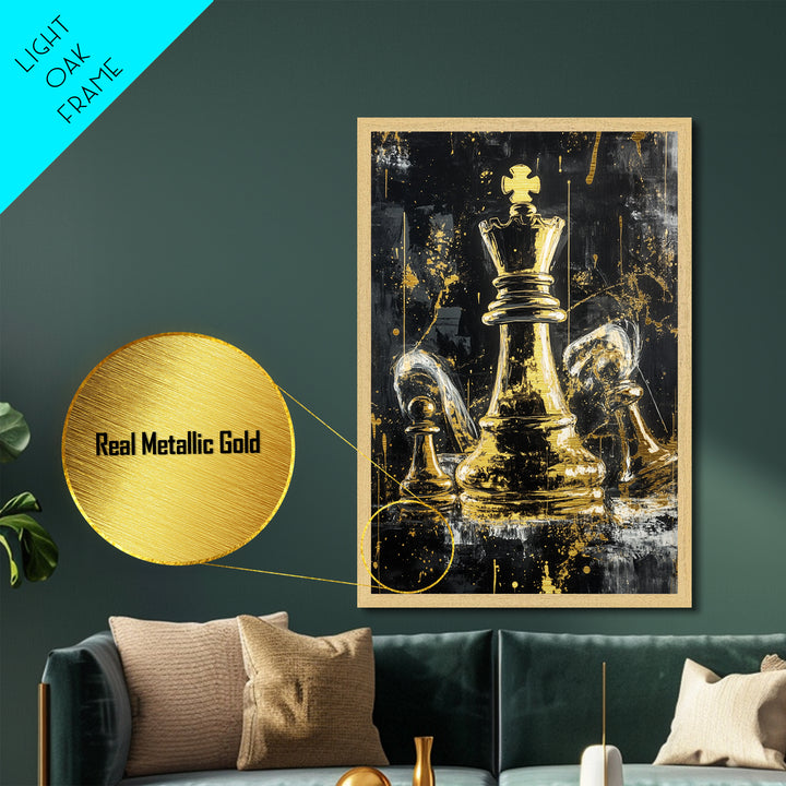 Haunted Chess King Metallic Gold Art, Gothic Horror Metal Art for Halloween Game Room, Creepy Wall Decor with Natural Wood Frame
