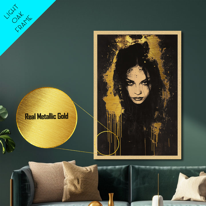 Haunted Woman’s Face Metallic Gold Art, Gothic Spooky Metal Art, Halloween Horror Wall Hanging in Real Wood Frame