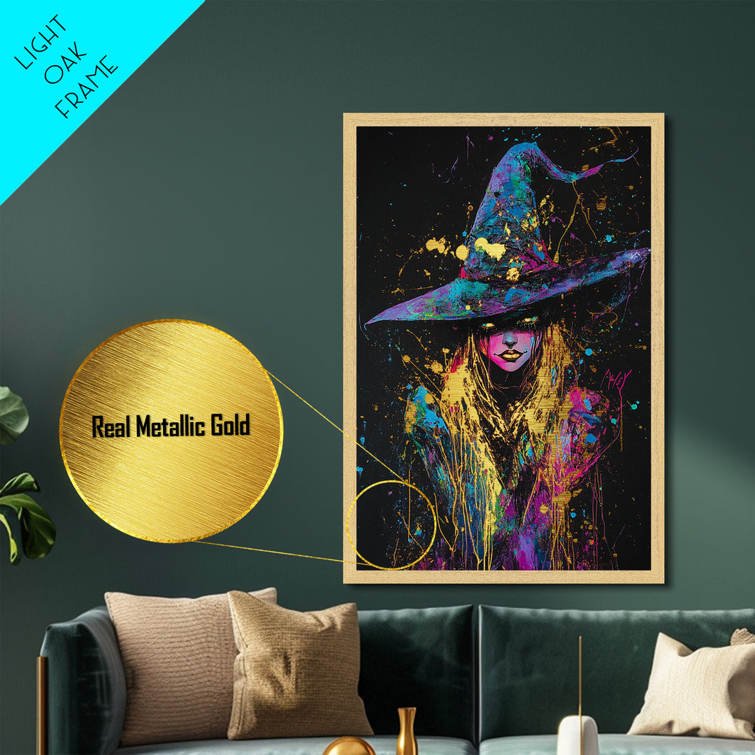 Rainbow Witch Graffiti Art, Metallic Gold Art, Metal Gold Print, Wood Framed Halloween Wall Art