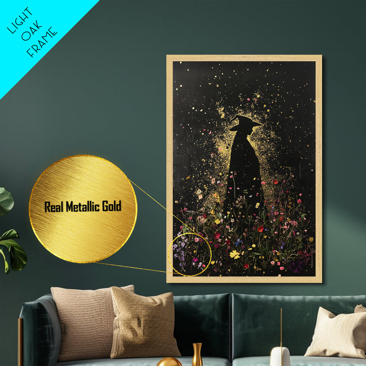 Witchy Garden Silhouette Metallic Gold Art, Spooky Season Wall Decor Metal Art, Framed In Natural Real Wood Gothic Halloween