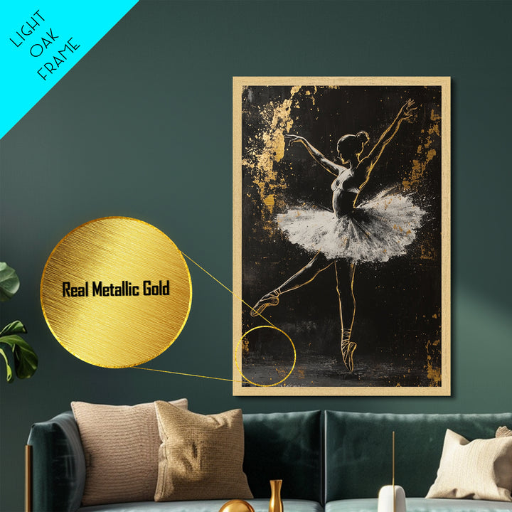 Ballerina Of Shadows Metallic Gold Art, Haunted Ballet Metal Art, Gothic Halloween Dance Wall Decor In Real Wood Frame