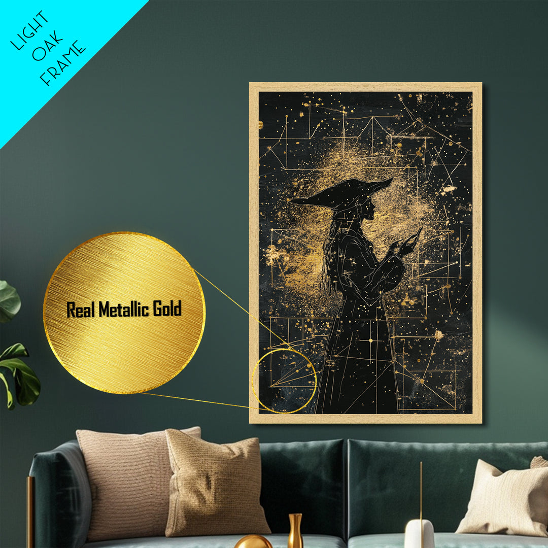 Celestial Witch Metallic Gold Art, Haunted Astrology Wall Decor Metal Art, Spooky Halloween Artwork Framed With Real Wood