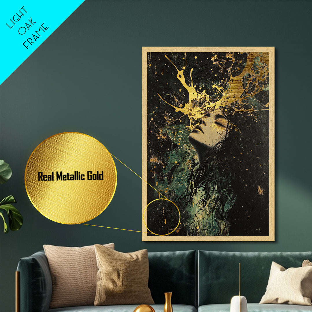 Floral Crown Witch Portrait Metallic Gold Art, Haunted Season Metal Art, Gothic Wall Painting with Natural Wood Frame