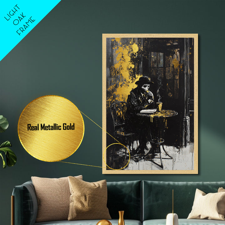 Haunted Café Skeleton Metallic Gold Art, Creepy Gothic Coffee Scene Metal Art, Halloween Wall Decor With Real Wood Frame