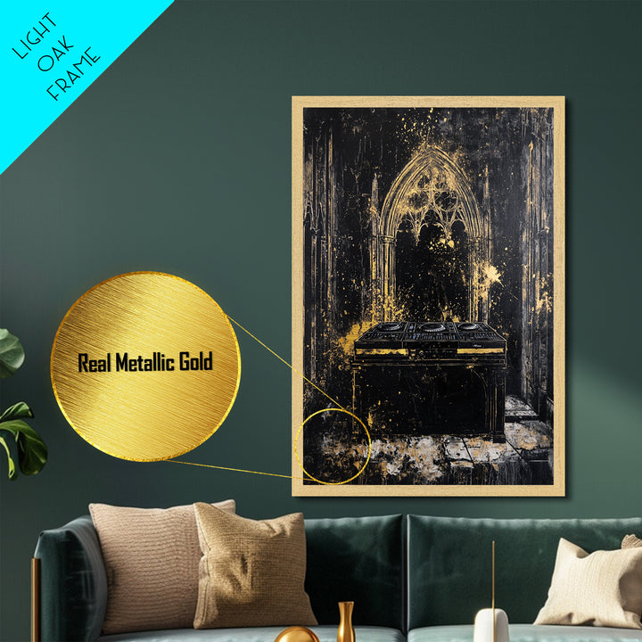 Cathedral DJ Metallic Gold Art, Gothic Haunted Music Scene Metal Art, Spooky Halloween Wall Decor Framed In Real Wood