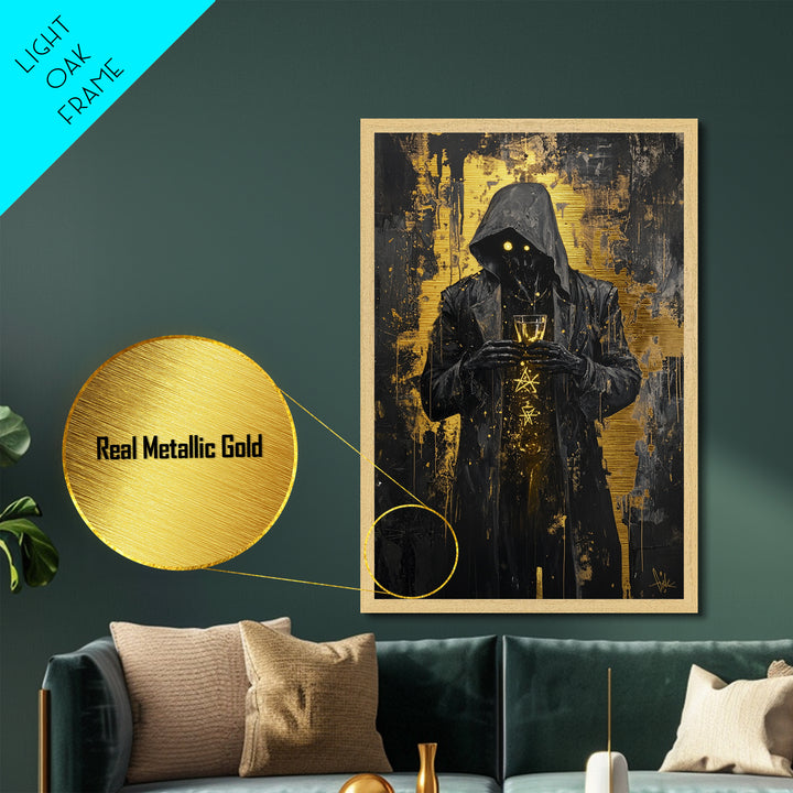 Dark Hooded Figure Metallic Gold Art, Spooky Gothic Horror Portrait Metal Art, Halloween Wall Decor In Real Wood Frame