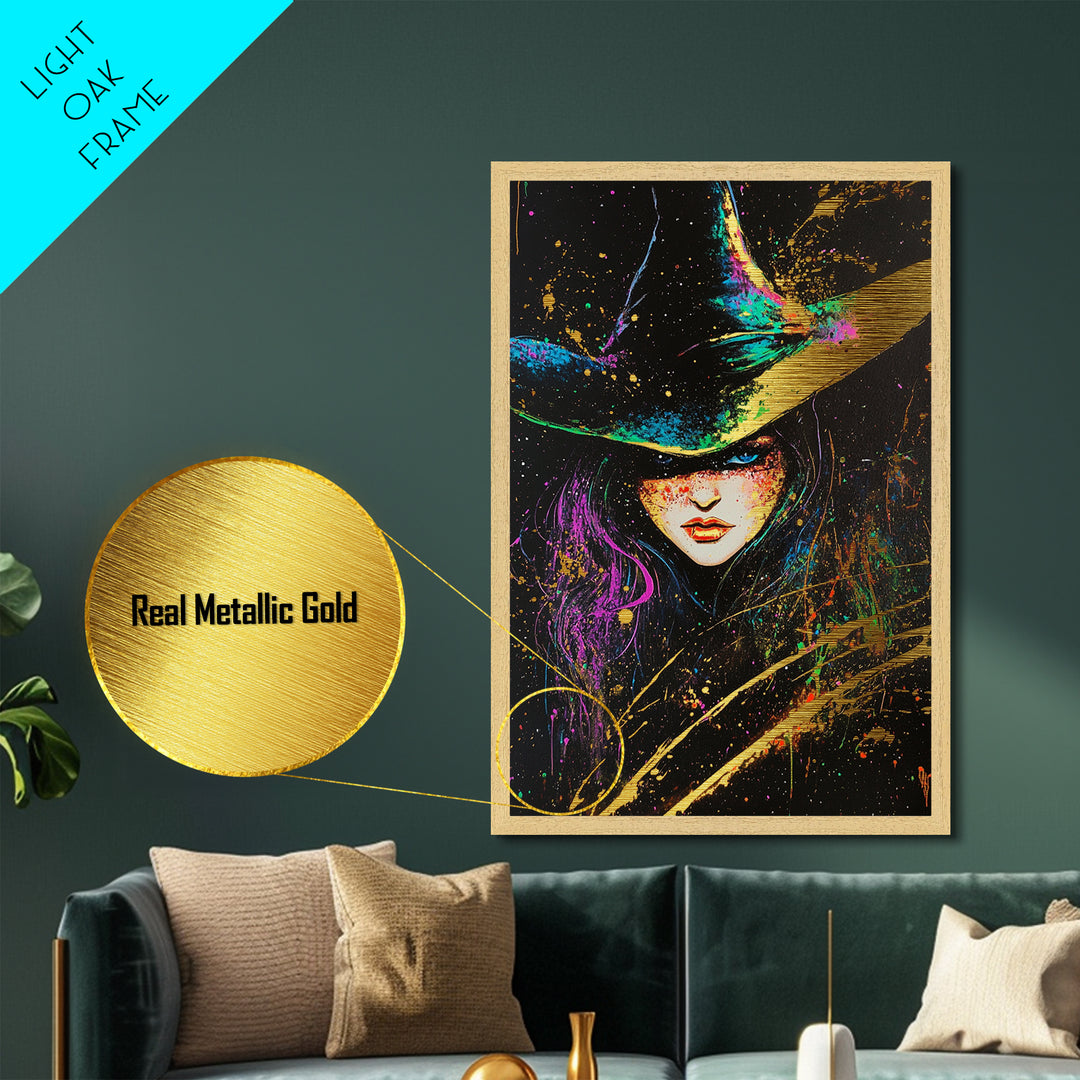 Witchy Woman Halloween Portrait Metallic Gold Art Metal Art With Gothic Spooky Style Framed In Natural Real Wood