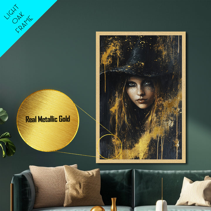 Haunted Golden Witch Metallic Gold Art Metal Art For Halloween Gothic Home Decor With Real Wood Frame