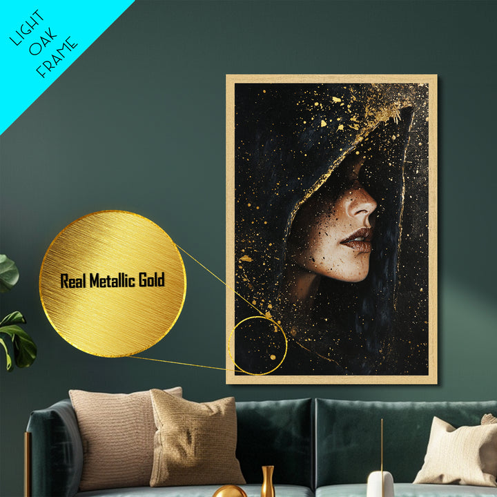 Spooky Hooded Sorceress Side Profile Metallic Gold Art Metal Art Gothic Halloween Artwork In A Real Wood Frame