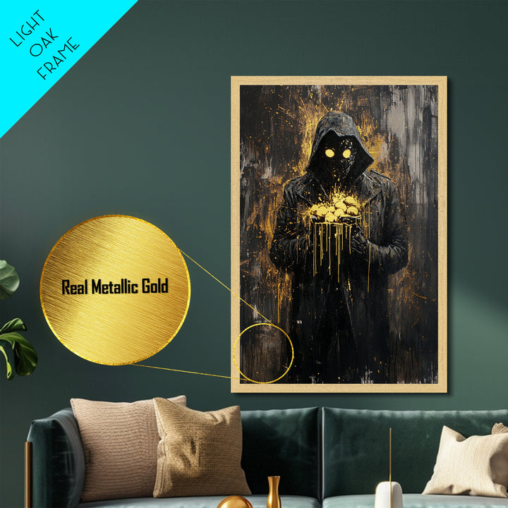 Creepy Hooded Figure Holding Eggs Metallic Gold Art Metal Art Haunted Spooky Season Wall Decor With Natural Wood Frame