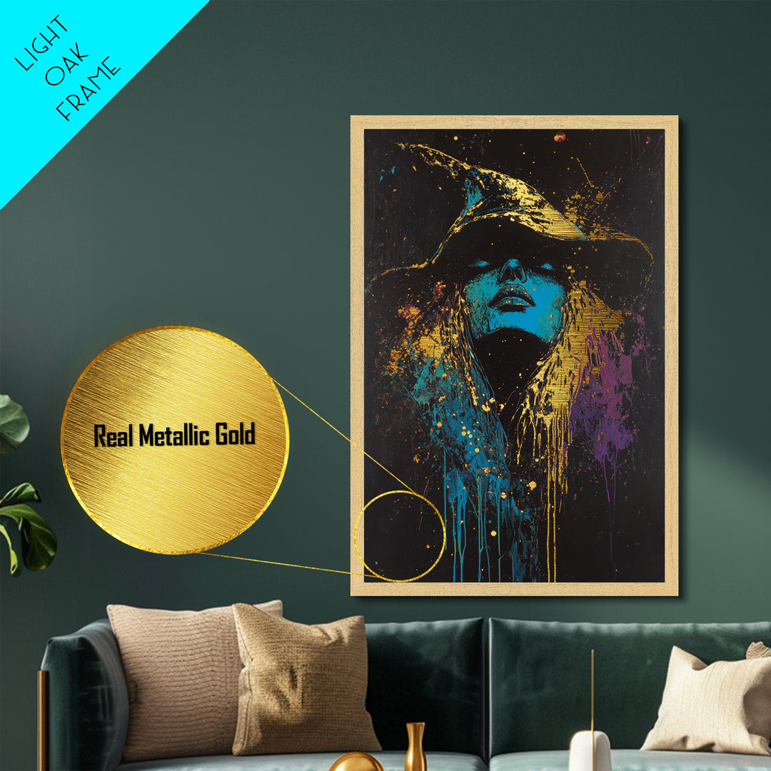 Witch Hat Gothic Glow Metallic Gold Art Metal Art Spooky Halloween Abstract Drip Painting Framed In Real Wood