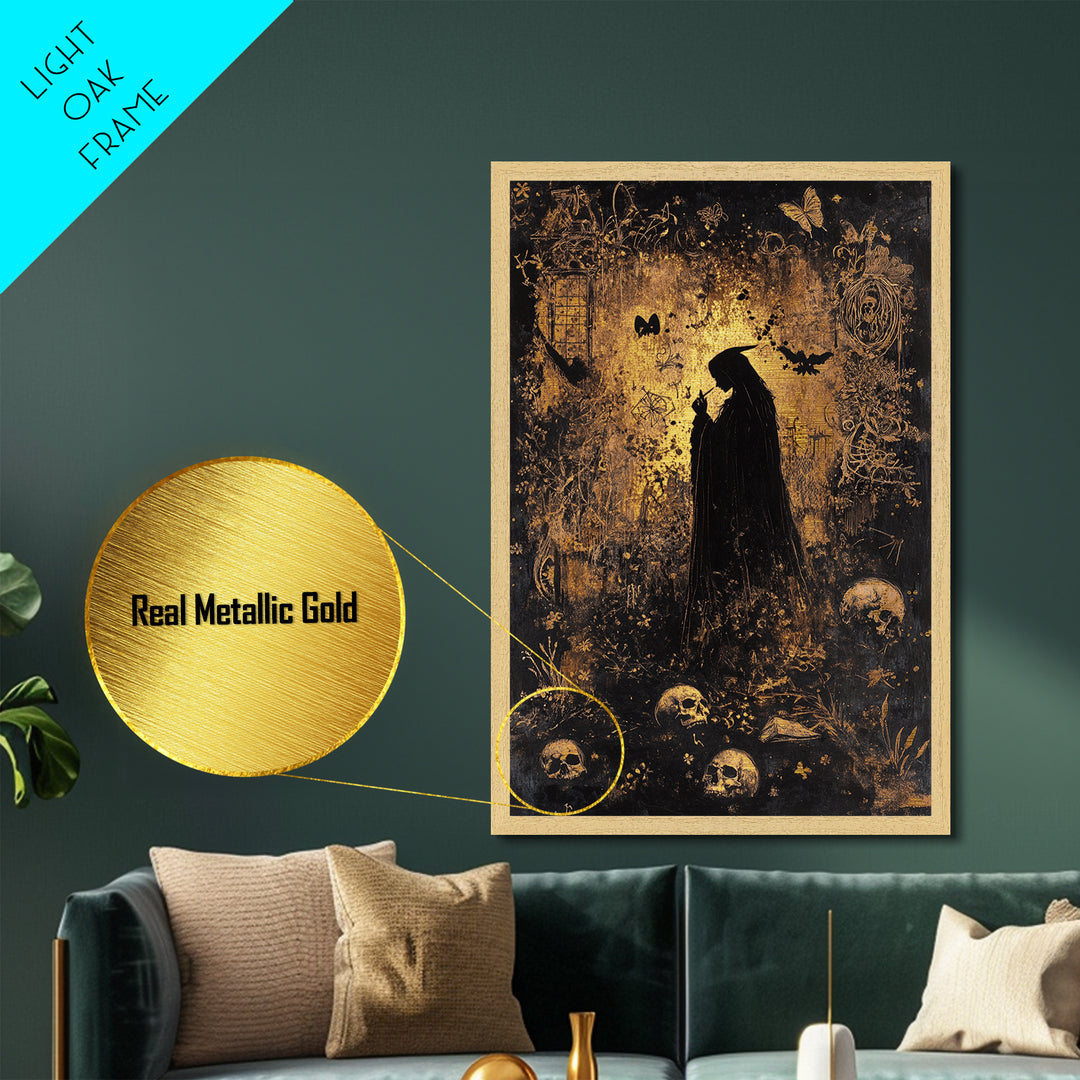 Dark Forest Sorceress Surrounded By Skulls Metallic Gold Art Metal Art Haunted Gothic Style With Real Wood Frame