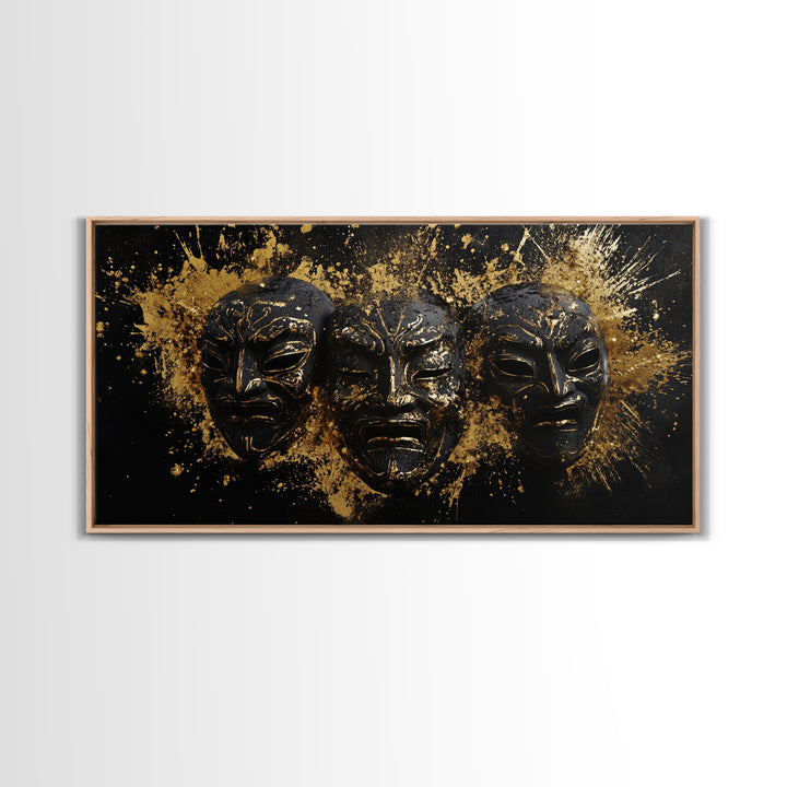 Tribal Drama Mask Gold Canvas Print, Abstract Splatter Art On Canvas, Real Wood Frame Wall Décor, Gothic Theater Artwork